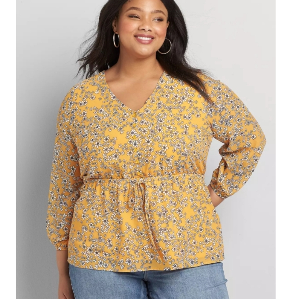 Lane Bryant Size 14 Printed Button-Front Peplum Top Yellow